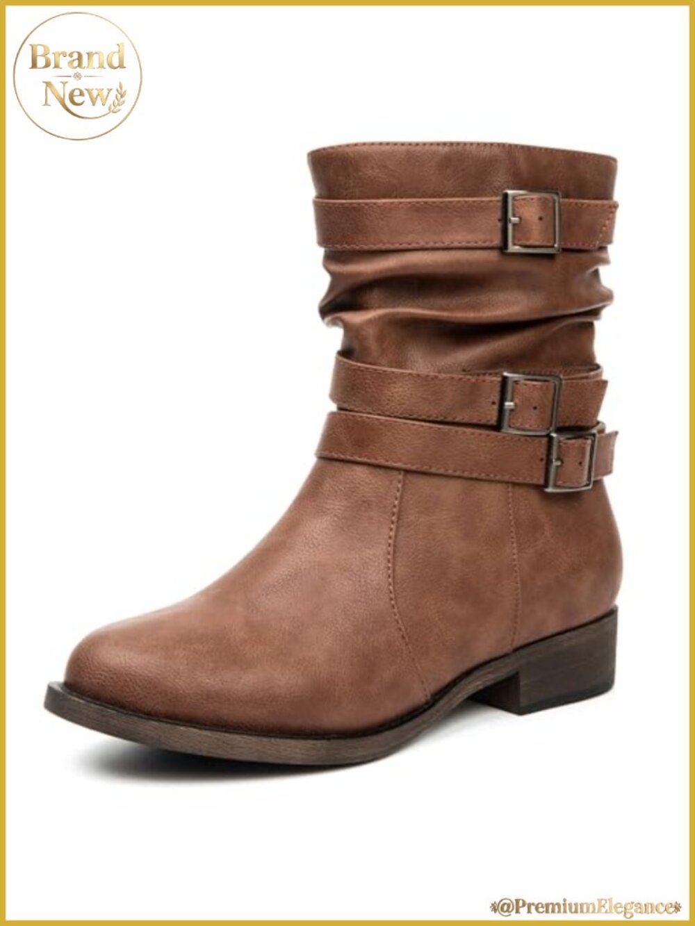 Women's Mid-Calf Motorcycle Boots Low Chunky Heel Side Zipper PU Leather